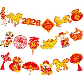 2026 Chinese New Year Banner Happy Chinese New Years Decorations 2pcs Spring Festival Party Banners Lunar New Year Cutout Banners for Red Year of Horse Party Supplies
