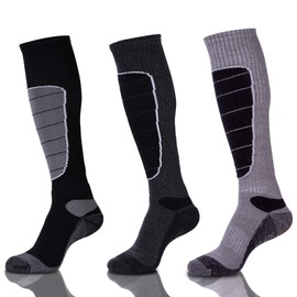 Merino Wool Ski Socks, Cold Weather Socks for Snowboarding, Snow, Winter, Thermal Knee high Warm Socks, Hunting, Outdoor Sports (3 Pairs (Black Grey Grey), Medium)