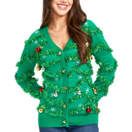 Tipsy Elves Classic Cute Cardigan Ugly Christmas Sweaters for Women with Fun Patterns and Animals - Women's Colorful Green Gaudy Garland Christmas Cardigan Size Small