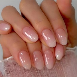 Get Glam in Minutes with 24 Short French Tip Press-On Nails, Pink-White Almond Gradient Ballerina Full Cover. Reusable, Oval & Stick-On, Perfect for Women & Girls' Nail Art