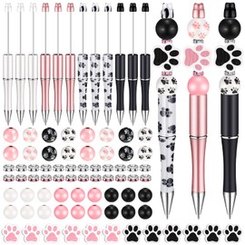 Geyee 12 Set Plastic Beadable Pens Assorted Bead Pens Crystal Wood Round Spacer Set Black Ink DIY Ballpoint for Women men Gift School Office Supplies(Dog Paw)
