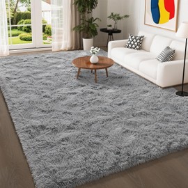 HQAYW 9x12 Fluffy Grey Area Rugs for Living Room Bedroom, Large Ultra Soft Plush Shaggy Bedside Rug, Non-Slip and Machine Washable Carpet for Kids Girls and Boys, Dorms, Nursery Rooms, Home Decor