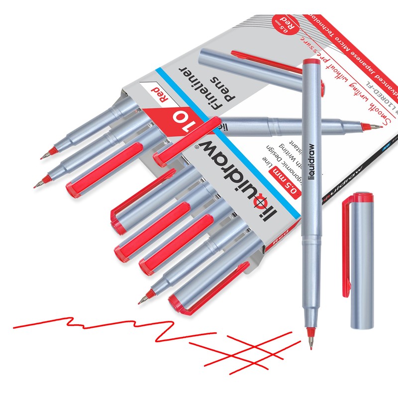 Liquidraw 10 Red Fineliner Pens Set Fine Point Pens 0.5mm