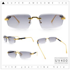 Bevel Lens Rimless Hustler Retro Gangster Rapper Rectangle Luxury Sunglasses Gold - Smoke
