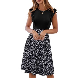 YATHON Women's Vintage Ruffle Floral Flared A Line Swing Casual Cocktail Party Dresses(YT001-Black Floral P44,L)
