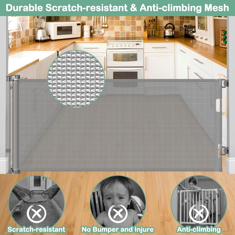 55 Inch Retractable Dog Gate Outdoor Scratch-Resistant Mesh Baby Gate