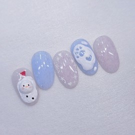 Melting Fluffy Snowman Handmade Nail Tips Winter Snowman Nails - Almond Short / 멜팅뽀송눈사람 수제네일팁 겨울 눈사람 네일 - 아몬드숏