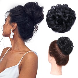 S-noilite Hairpiece with Elastic Band, Large Bun Hairpiece, Hair Extension, Wavy Curly, Messy Bun Ponytail for Women and Girls, 40 g, Black