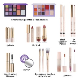 Color Nymph Makeup Gift Set For Teens, Full Kit With Make Up Kits Beginner Makeup Sets with Paper Exquisite Purple Cosmetics Box 2 Eyeshadow Palettes, Mascara, Lipstick, Lipgloss Makeup Set Brushes