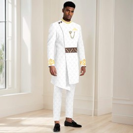 OAQAO African Clothing for Men Embroidery Designed Jacket Pants Set African Wedding Outfits Evening Dress White Large