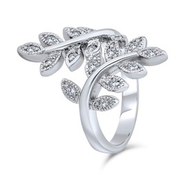 Nature Ivy Vine Leaf Fashion Statement Ring for Women Cubic Zirconia Pave CZ Bypass Silver Plated Brass