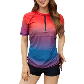 Halcurt - Camisa de Surf con Media Cierre para Mujer, con Fruncido UPF 50, Ombre Rojo Azul, L