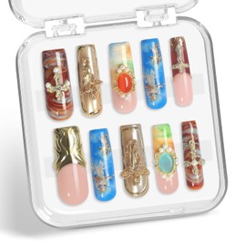 XGV Handmade Press on Nails 10pcs Medium Long Square Nails with Angel Design, Reusable Fake Nails for Salon Party Wedding