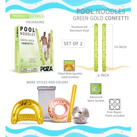POZA 2 Pack of Inflatable Jumbo Pool Noodles - 74-Inch Premium and Luxurious Giant Inflatable Sparkly Gold Glitter Confetti Pool Float Swim Noodles, Inflatable Noodles for Pool - Green and Gold