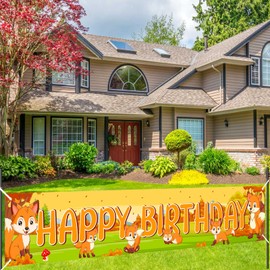 SHADOAMP Fox Birthday Decorations, Fox Happy Birthday Yard Banner Sign Woodland Animal Themed Party Hanging Background Banner for Fox Theme Party Decorations