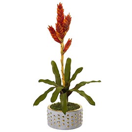 Nearly Natural 24in. Tropical Bromeliad Artificial Bowl with Gold Trimming Silk Plants, Orange
