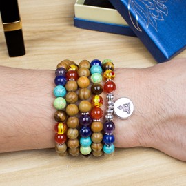 PWMENLK 108 Mala Beads Necklace 7 Chakra Buddhist Prayer Beaded Bracelet Tree of Life Pendant Healing Stone Yoga Necklace(wood jasper buddha)