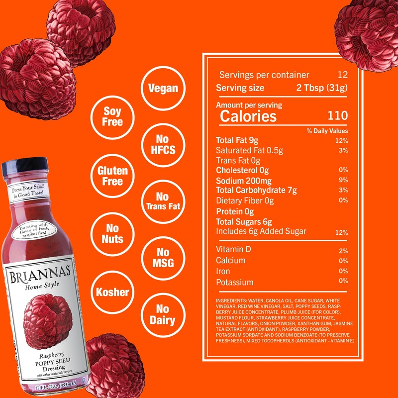 Briannas, Poppy Seed Dressing, Raspberry, Home Style , 12 Ounce