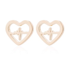 RUIZHEN Open Love Heart Shape Heartbeat EKG Stud Earrings Gift for Nurse (Gold)