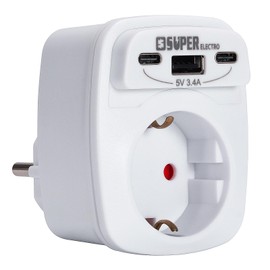 Super Electro Single Socket Adapter, 4-in-1 Socket Adapter, Multiple Plug with 2 USB C and 1 USB A, Socket Adapter Plug with Child Lock 4000 Watt for Phone and Household Appliances