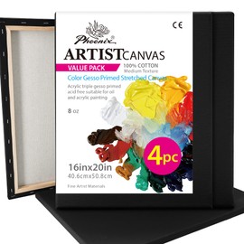 PHOENIX Large Black Stretched Canvas, 16x20 Inch/4 Pack - 3/4 Inch Profile, 8 Oz Gesso Primed 100% Cotton Blank Black Canvases for Acrylic, Oil Painting & Crafts