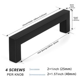 CVIUYO Black 4 Pack Cabinet Handles, 5 Inch Kitchen Door Handles, Square Drawer Handle, Wardrobe Handles, Cupboard Door Handle for Cabinet/Wardrobe/Bathroom with Screws