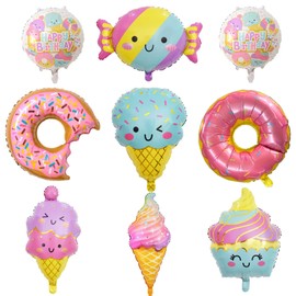 NGJGTR 9 PCS Donut Ice Cream Foil Balloons, Doughnut Mylar Foil Balloons Ice Cream Theme Birthday Party Decorations for Kids Girls Birthday Baby Shower Wedding Party Decorations