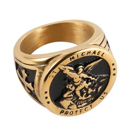 HZMAN St. Michael San Miguel The Great Protector Archangel Defeating Satan Figurine Stainless Steel Amulet Ring (Gold, 10)