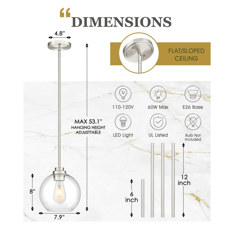 Audickic Pendant Lights Kitchen Island, 8" Brushed Nickel Pendant Light