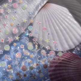Summer Nail Stickers Ocean Nail Charms 5D Self-Adhesive Sea Shell Star Coral Starfish Flower Design Shiny Manicure Accessories Summer Nail Art Decals for Women DIY Nail Art Decorations Supplies