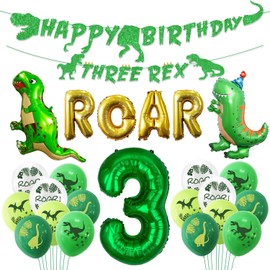 Dinosaur 3rd Birthday Decorations, Banner, Roaring Balloons, Three Birthday Decorations for Boys Kids 3rd Dinosaur Party Supplies