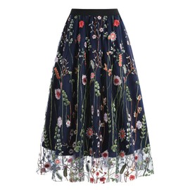 FYMNSI Women's Tulle Skirt Flowers Butterfly Embroidery Skirt Elegant Elastic A-line Midi Skirts High Waist Casual Vintage Mesh Skirt, darkblue