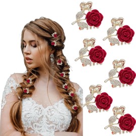 6 Pcs Mini Rose Metal Hair Clips Red Rose Rhinestone Hair Claw Clips Exquisite Glitter Velvet Hair Clamp Clip Decorative Hair Accessories for Women Girls