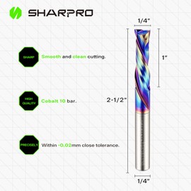 SHARPRO 3PCS Compression CNC Router Bit 1/4 Inch Shank and 1/4 Inch Cutting Dia. 1 Inch CL. 2-1/2 Inch OVL. Solid Carbide Up&Down CNC Bits for Wood Cutting, Slot Mortise（Coating）