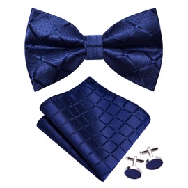GUSLESON Navy Blue Bow Tie Pocket Square Set for Wedding Pre-Tied Silk Plaid Checkered Bowties Handkerchief Cufflinks for Men (0494-15)