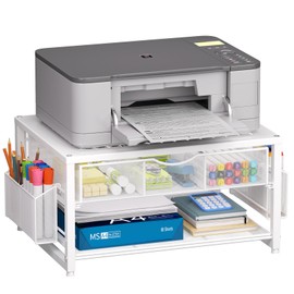 Marbrasse Metal Printer Stand for Desk with Storage Drawer and 2 Pen Holders, 2-Tier Desktop Organizer Printer Table for Home Office, Multi-Purpose Desk Organizer for Fax Machine Scanner Files(White)