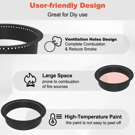 Koutemie Outdoor Smokeless Fire Pit Ring Liner 40-Inch Outer/36-Inch Inner Diameter, Heavy Duty Solid Metal Steel Round Firepit Rim Insert for Outside DIY Campfire Ring Above or In-Ground, Black