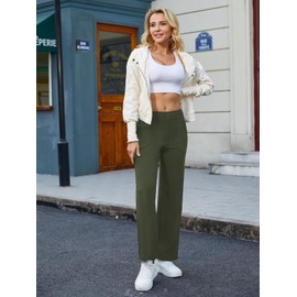 JEKAOYI Womens Casual High Waist Straight Leg Pants Stretchy Button Business Dress Work Pocket Trousers Olive-Green