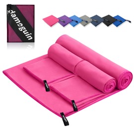 damoguin Set of 3 Microfibre Towels, Large (180 x 80 cm) & 2 Small (80 x 40 cm), Quick-Drying Microfibre Fitness Towels, Sports Towel, Beach Towel, Bath Towel and Travel Towel (Pink)