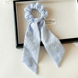 2 Pcs Blue Knotted Bow Hair Scarf Scrunchies with Hollow Floral Bow Hair Ties - Long Tail Bowknot Scrunchies, Chiffon Ribbon Hair Bows for Women Girls Thin Hair Scarf (hollow floral)