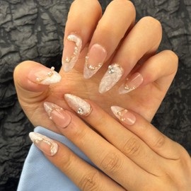 AKA Unicorn Handmade Press On Nails Short Almond,Nude Pink Acrylic Nails,Luxury Nail Press On with Charm Pearl Design for Wedding&Party Wear-True Love Design Concept