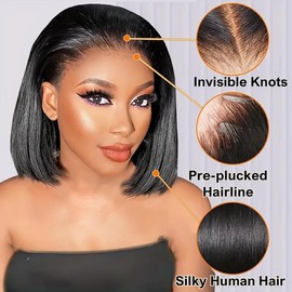 10 Inch Bob Wig Human Hair 13x4 HD Lace Front Wigs Pre Plucked Short Bob Wig Lace Frontal Wigs for Black Women, Short Straight Glueless Human Hair Wig with Elastic Band, 180% Density, Natural Black