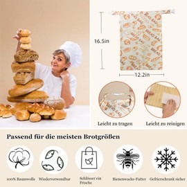 AQCQDQ Set of 2 Reusable Beeswax Bread Bags, Bread Bags for Homemade Bread, Cotton Bread Bags with Beeswax Lining for Sourdough & Bread Storage