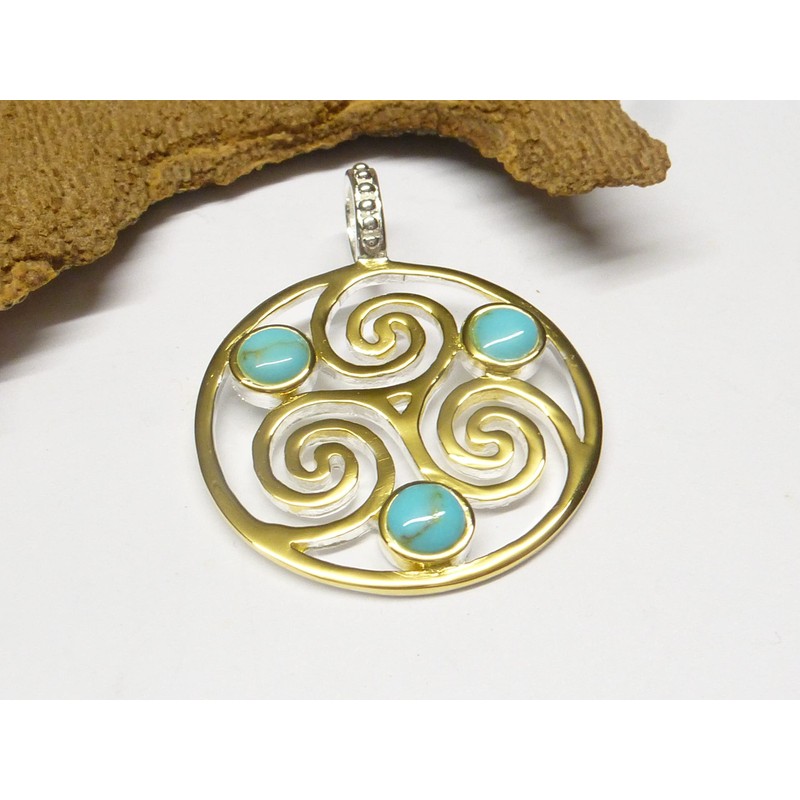 Silver Plated Turquoise Triskele Pendant Sterling Silver Protection Symbol Unisex,