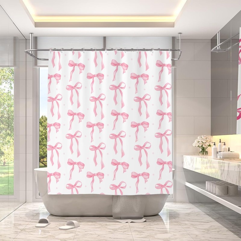 FloralGrace Cute Shower Curtain Pink Bow Fabric Shower Curtains for