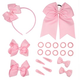 AYNKH 20 Pcs Girls School Hair Accessories Kit, Bow Tie Hair Clip Headband Set, Bow Clip, Bow Headband, Hair Loop Small Hair Clip, for Girl Teen Toddler Birthday Gift (Pink, One Size)