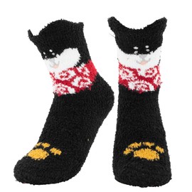 CHEERYMAGIC Fluffy Socks for Girls Women, Cute Dog Fuzzy Bed Socks Winter Warm Cozy Slipper Socks Soft Fleece Sleep Socks Thermal Fluffy Home Crew Socks A6-XGRW(Black)