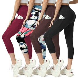 MaaGcc High Waisted Yoga Leggings for Women 4 Pack - Tummy Control Workout Capris with Pockets (US, Alpha, Large, Regular, Regular, Burgundy+ Aqua Duck Print +Coffee +Black)