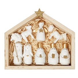DN DECONATION Set de pesebre navideo, escena de Natividad con figuras pequeas - Estatua de familia santa en blanco y dorado para decoracin de mesa,...