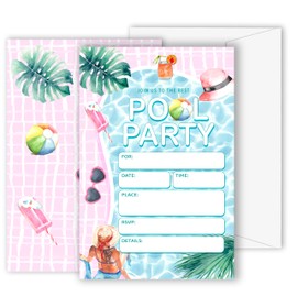 GOLRMC Pool Party Birthday Invitations for Boys Girls, 20 Count Summer Party Invitation Cards with Envelopes, Swimming Beach Pool Party Decorations & Favors-A04